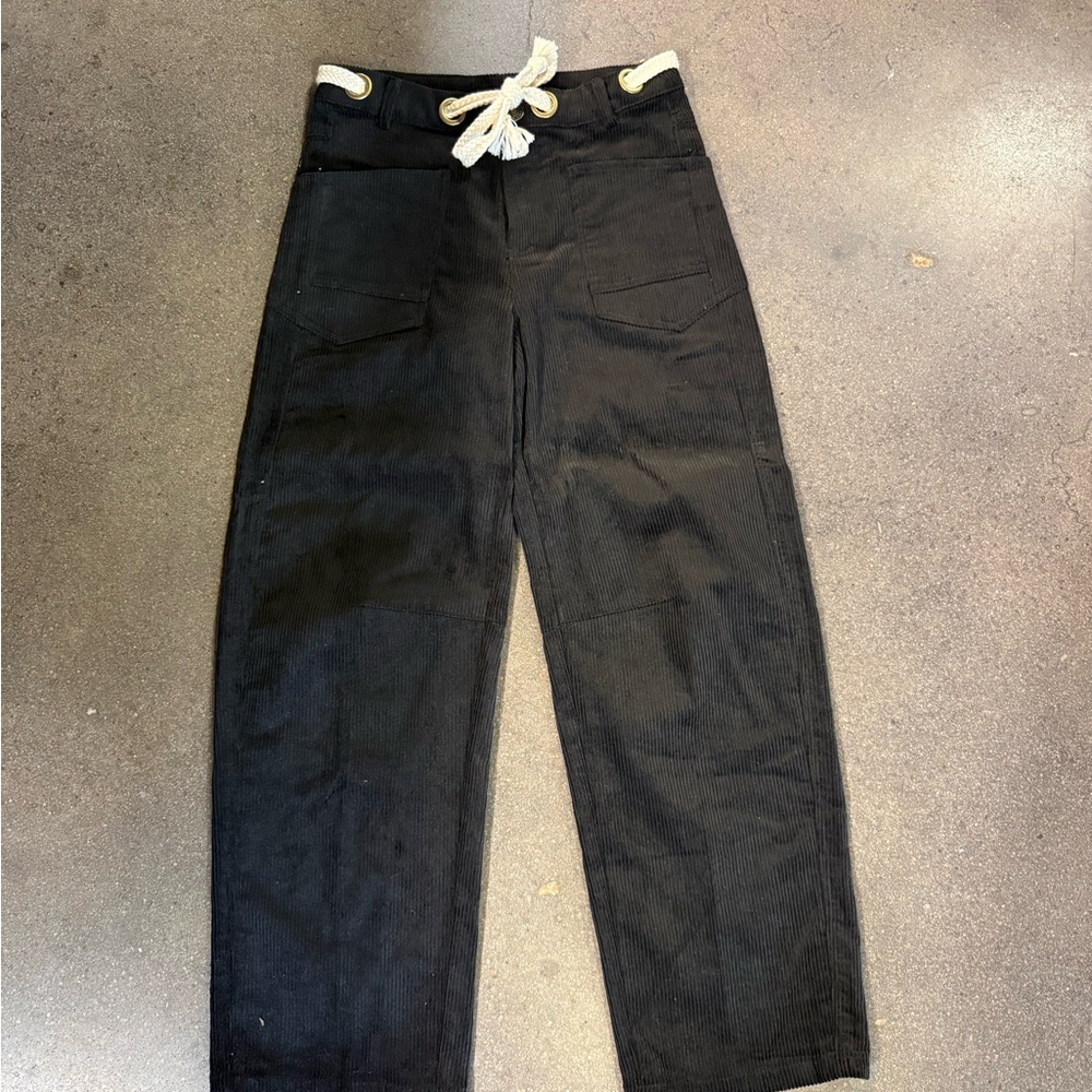 Women's Black Cropped Corduroy Pants with Cream Drawstring